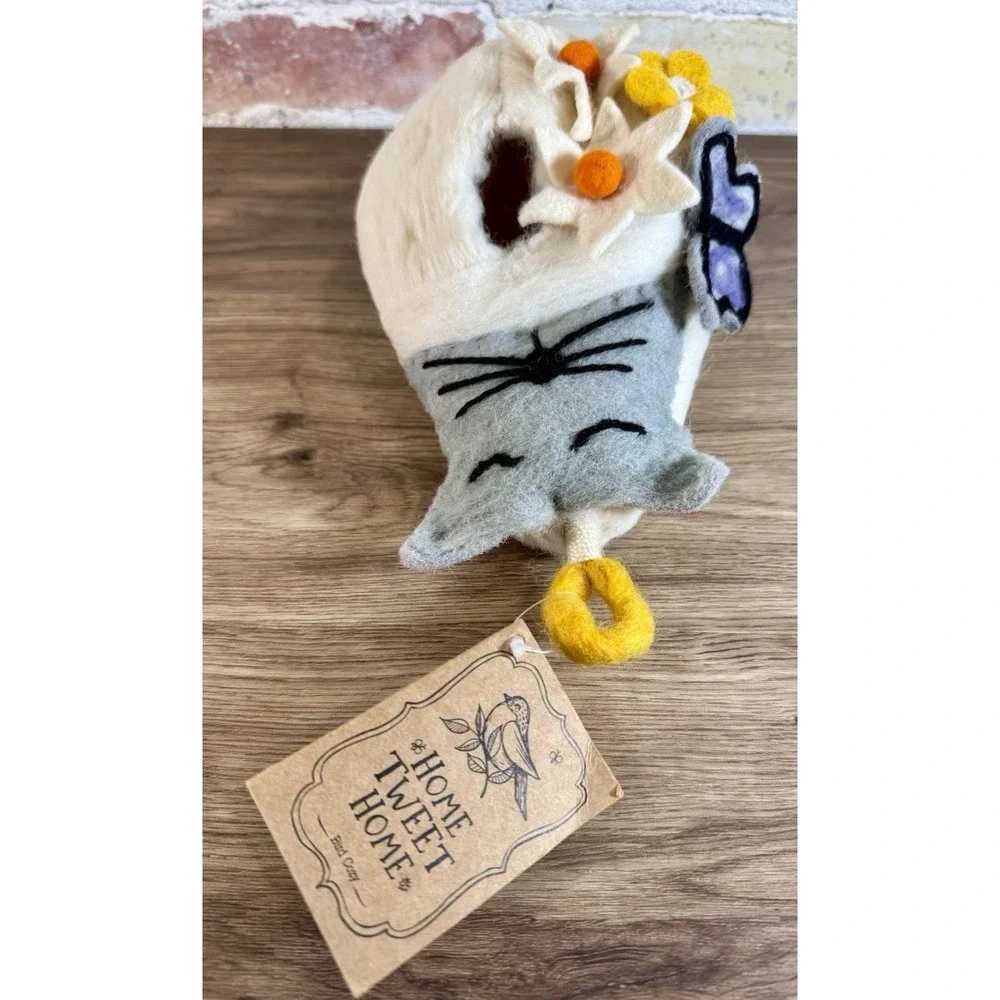 Felted Wool Birdhouse Cat Lover Gift Butterfly Bird Cozy Handmade Indoor Outdoor
